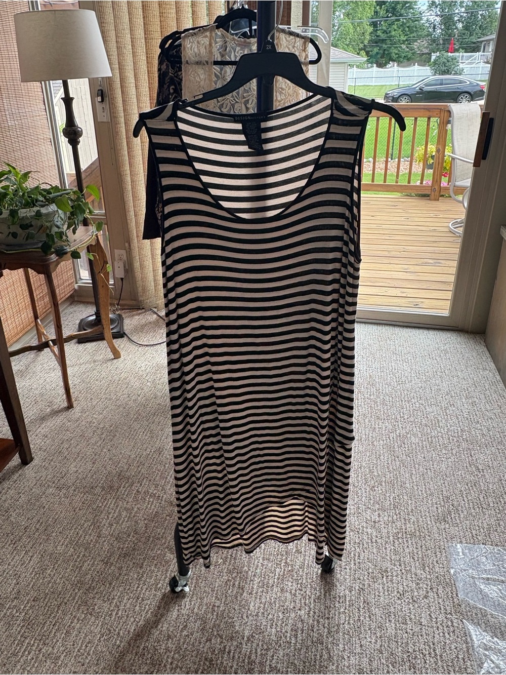 Design History Black and Tan Striped Tank Dress. PTP 21-25”Length 43” hi/low 527